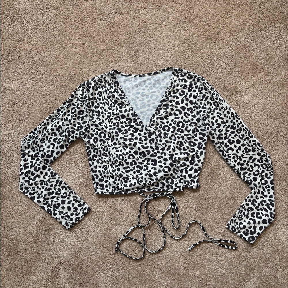 Black and Cream Leopard Print Wrap Top